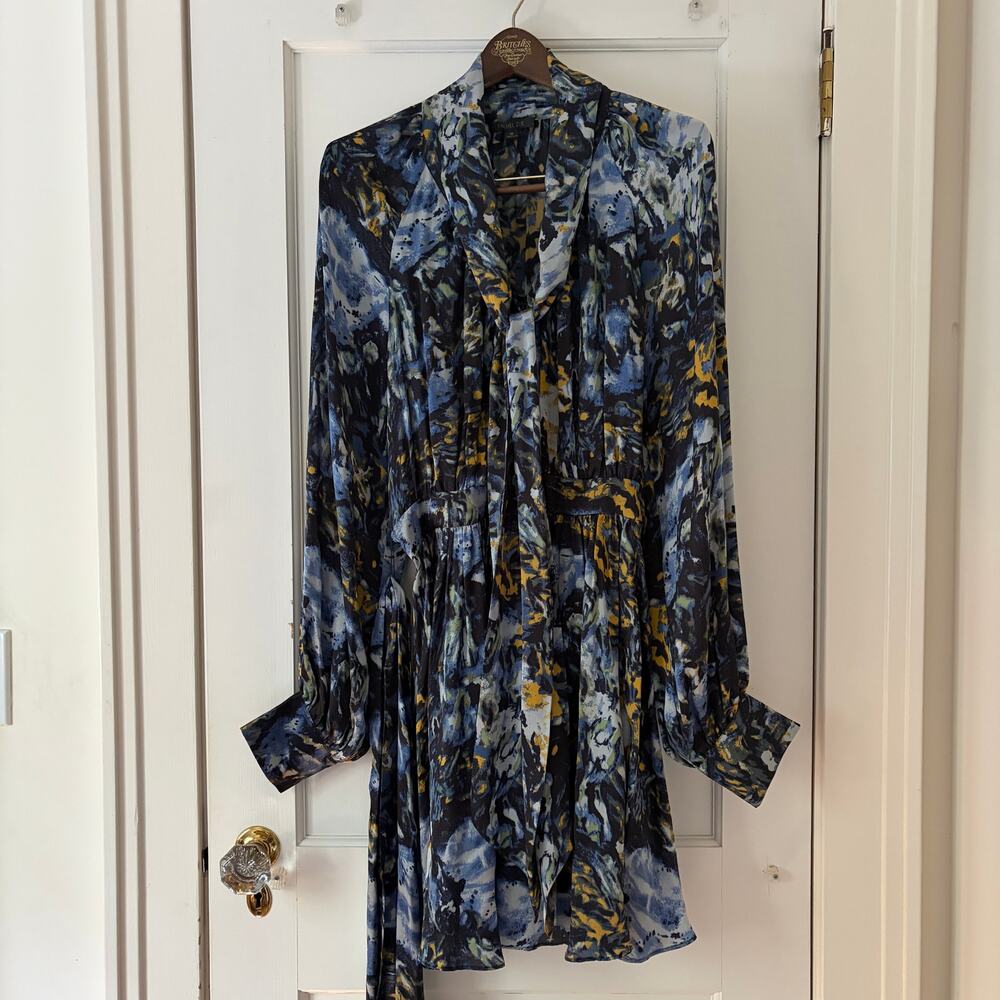 Rachel Zoe Arielle silk shirt dress blue "multi oil paint" print Size 10 - Picture 2 of 10